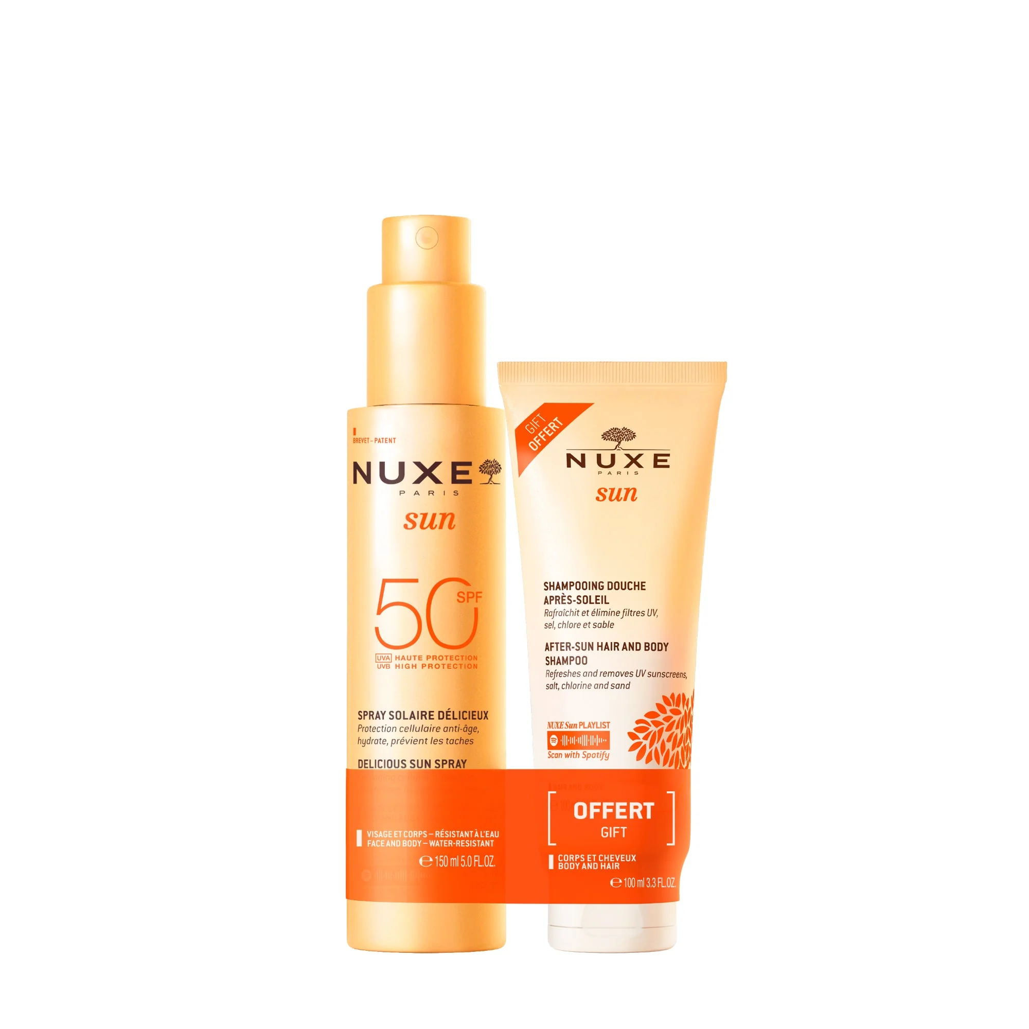 Dúo Delicioso Spray Solar Alta Protección SPF50 rostro y cuerpo y Champú de Ducha After Sun 100ml gratis