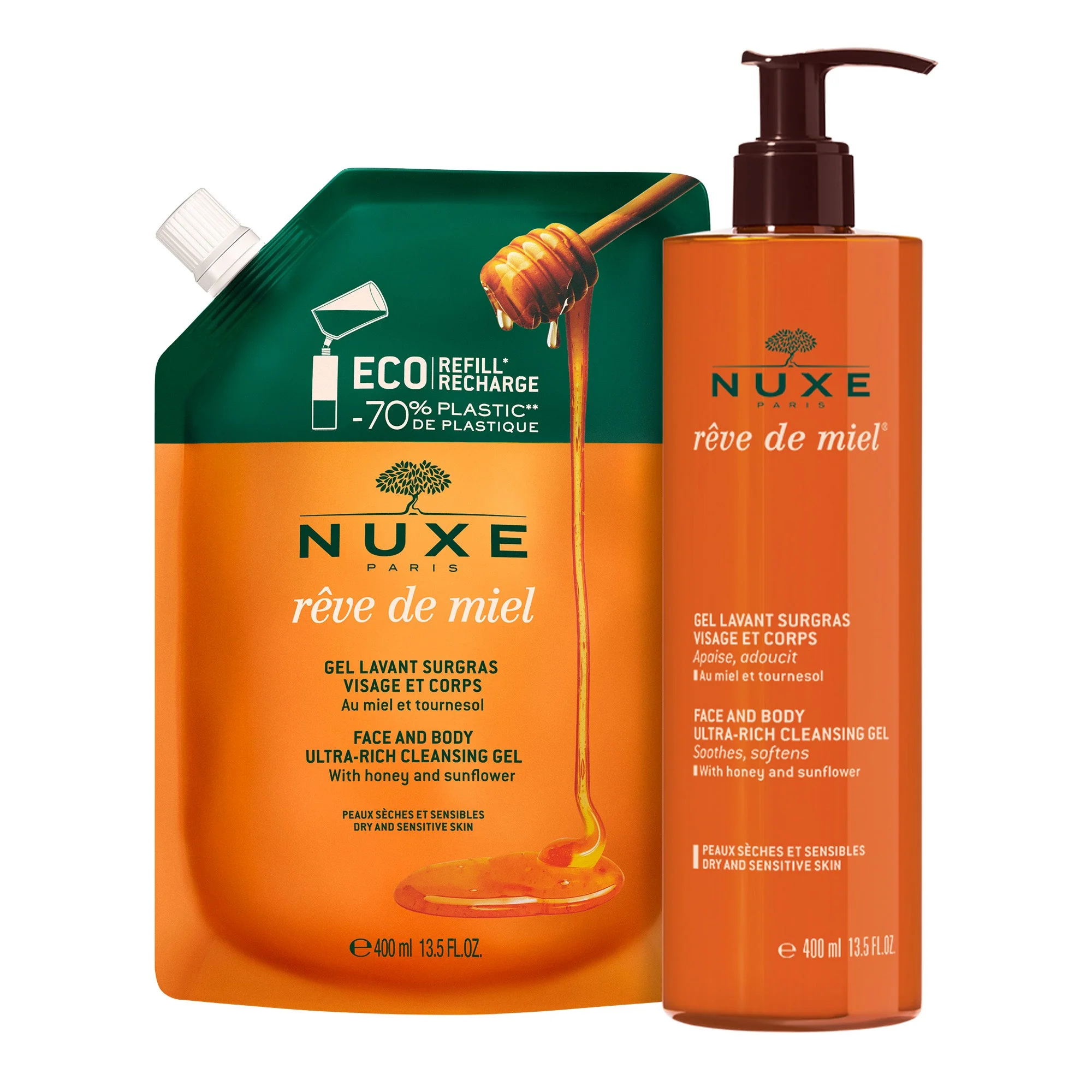 Gel limpiador dermatológico para rostro y cuerpo, Rêve de Miel® & su recarga